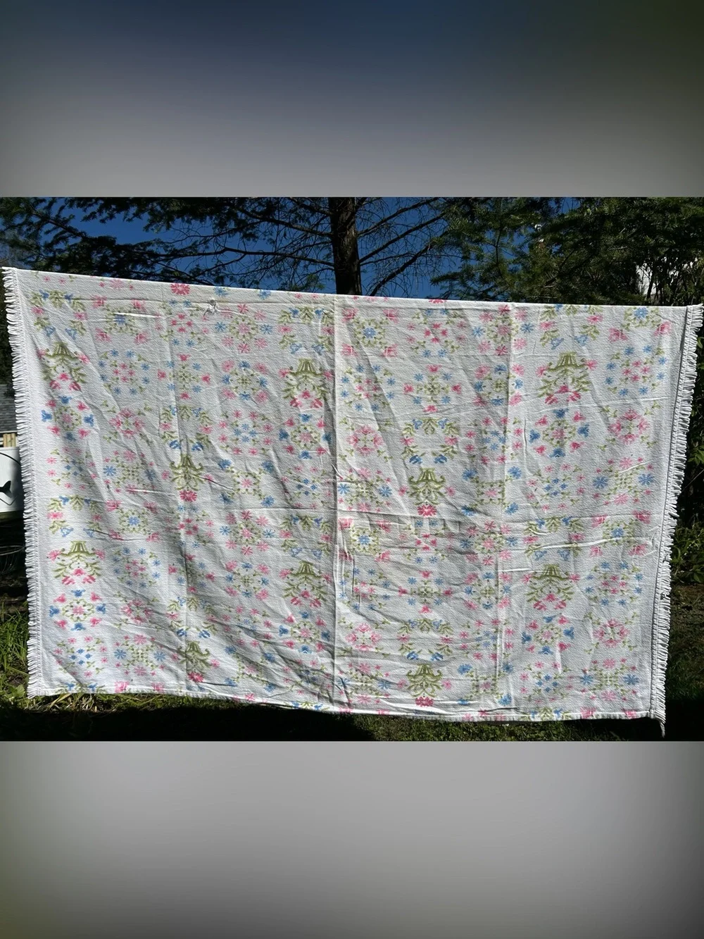 Vintage Bedspread Blanket Floral Cotton Fringe Throw Coverlet White Pink Twin